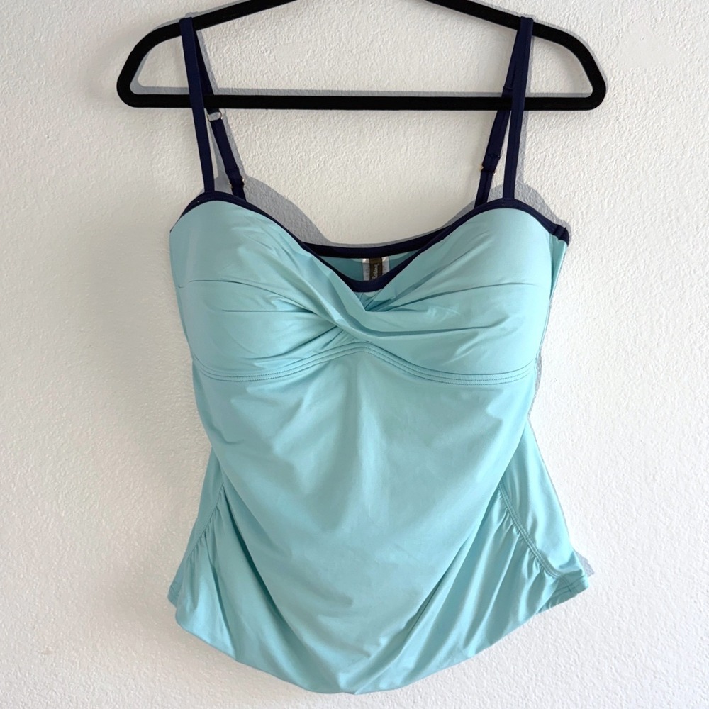 Tommy Bahama Aqua Blue Twist Front Tankini Top Navy Trim XL Swimwear
